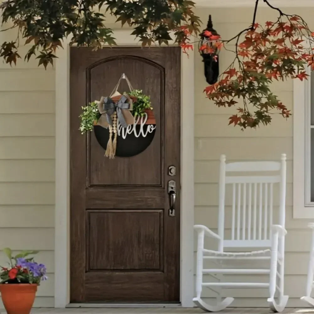 Hello Rustic Farmhouse Welcome Sign Buffalo Check Bow Wood Tassel Beads 11.8